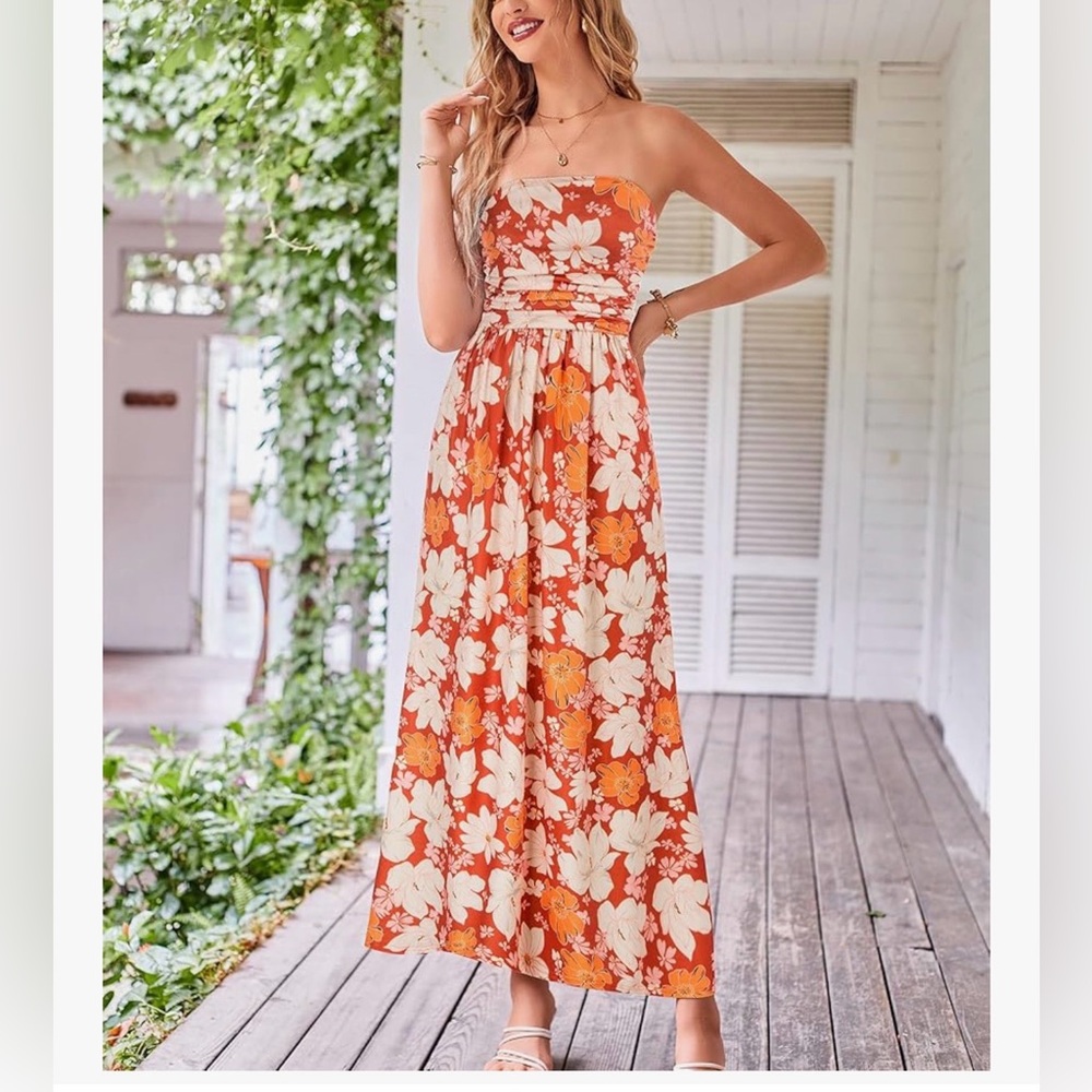 NWT Orange Floral Strapless Maxi Dress-S - Picture 3 of 10